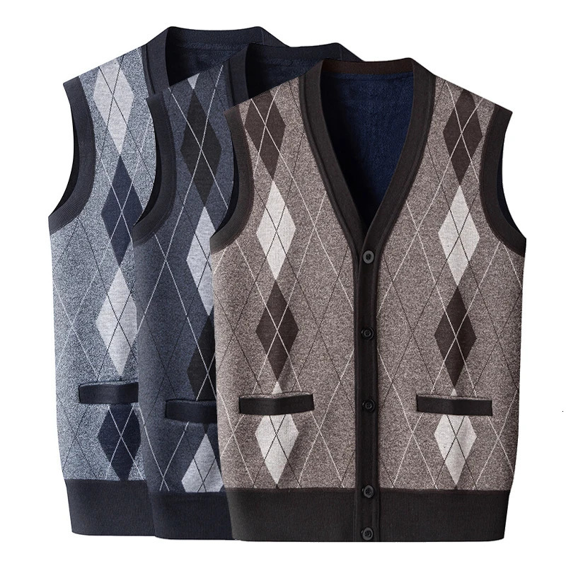 Mens Sleeveless Sweater Vest V Neck Button Down Cardigan Sweaters Knitted Dads Argyle with Pocket 250724