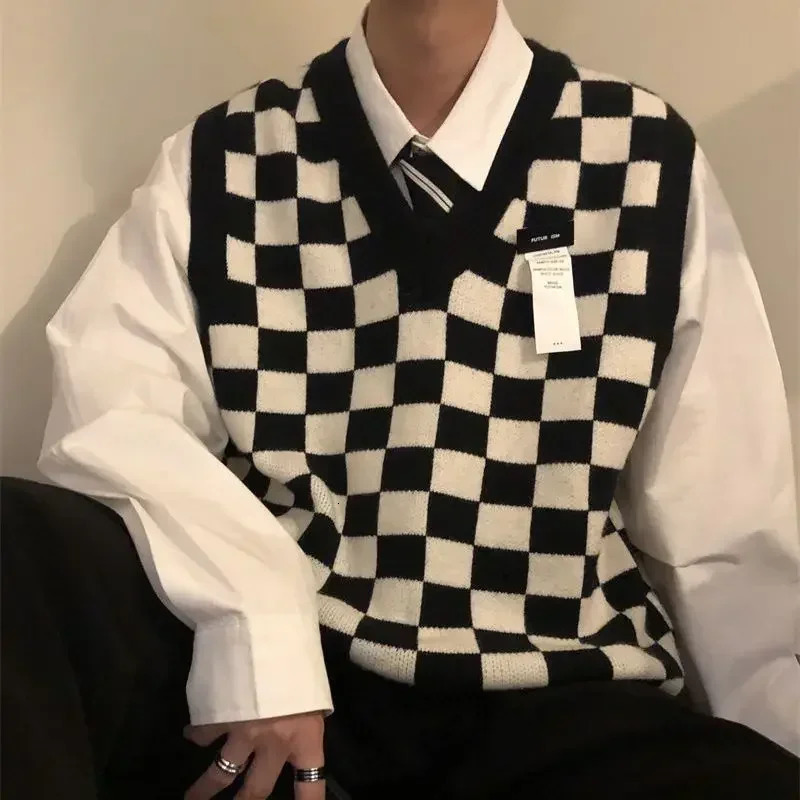 Knit Sweater Male Sleeveless Vest Plaid Mens Clothing Green Waistcoat Neck Sweatshirt Wool X Large Big Size 2024 Trend T 250724
