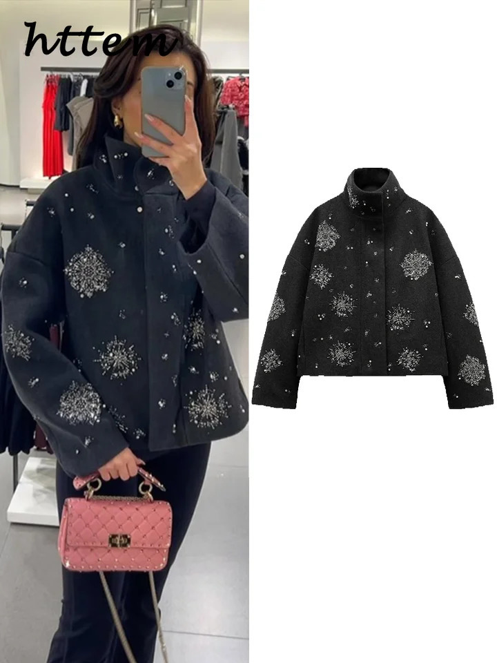 Street Womens Snowflake Beading Woolen Coat Elegant Stand Collar Zipper Full Sleeve Jacket Autumn Winter Lady Chic Outerwear 250725