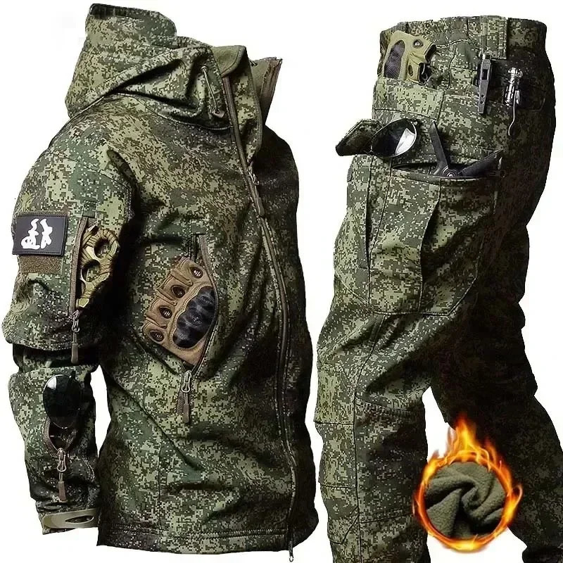 Winter Thick Camo Suit Waterproof Tactical Jackets Training Multipocket Hooded Jacket Fleece Pants Men Outdoor Hunting Clothing 250725