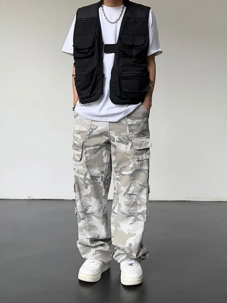 Grey Trekking Camouflage Straight Camo Cargo Pants For Men Trousers Man Wide Cotton Clothing Regular Fit In 250725