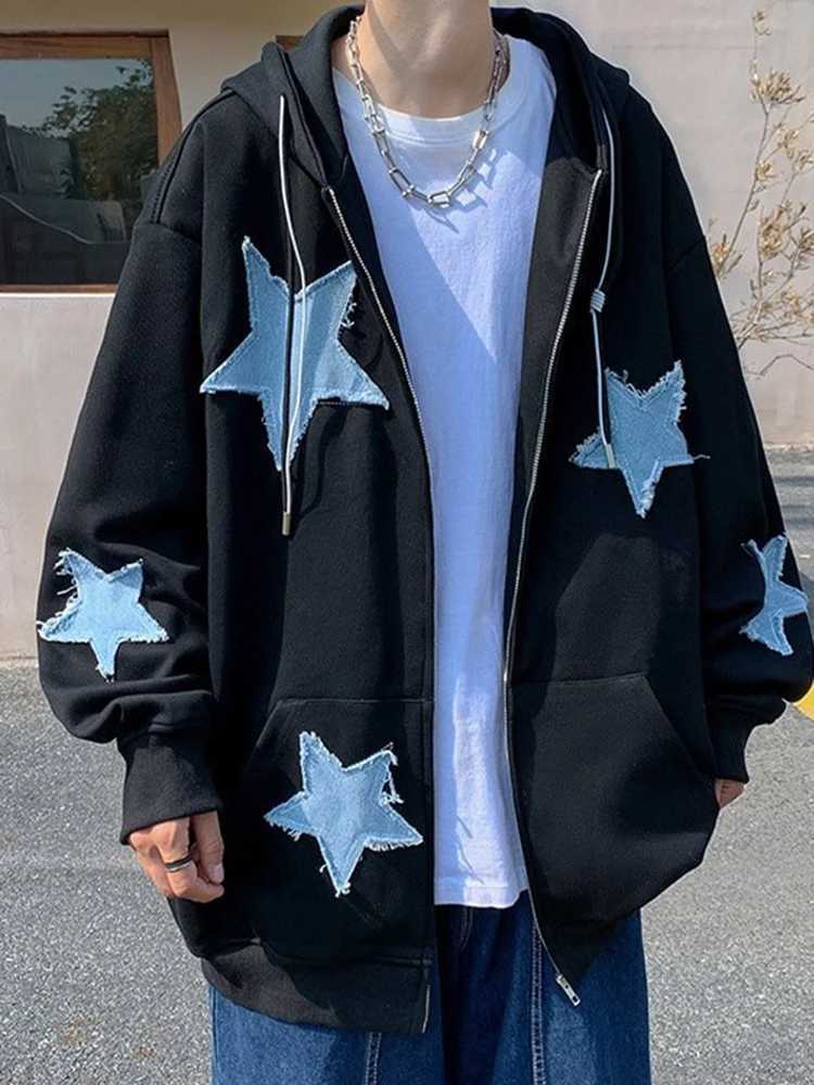 Mens Star Patch Zip Up Hoodie for Men Oversized Y2k Sweatshirt Jacket E-Girl 90s Pullover Streetwear XJ250726