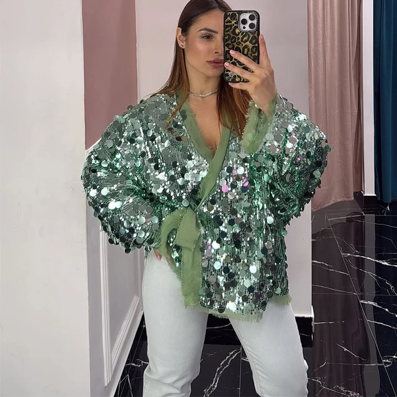 Green Sequined Lace-Up Jacket for Women Loose Long Sleeve Kimono Style Coat Summer Autumn Street Outerwear Commute Friendly 250725