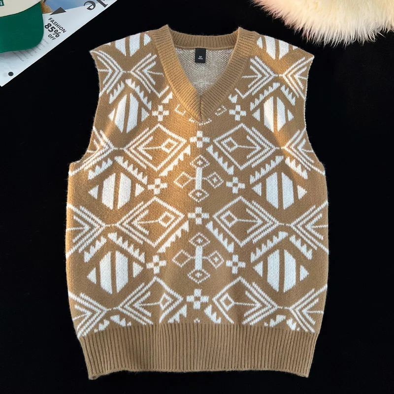 Fashion College Style Sweater Vest Mens Vneck Japanese Retro Knitted Daily Sleeveless Simple Jacquard n 250724