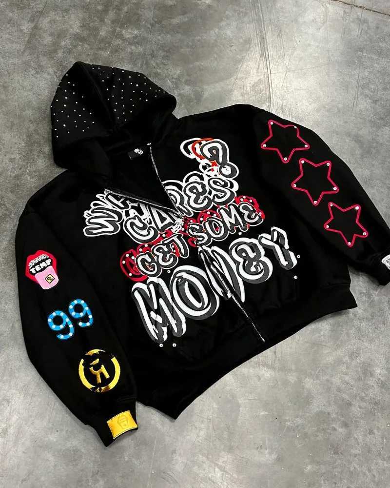 American Trendy Brands High Street Loose Casual Cartoon Printed Zipper Hoodie Men Y2k Hip-hop Rock Oversized Sweatshirt Women XJ250726