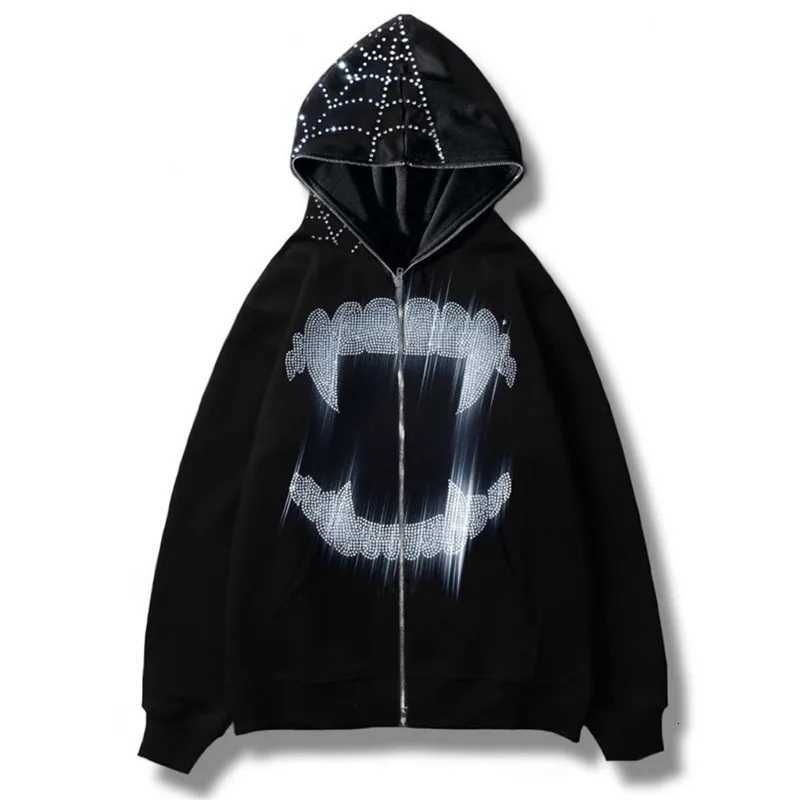 90s Full Zip Up Y2K Rhinestone Tooth Spider Web Pattern Hoodies Oversized Goth Hoodie Mens Harajuku Punk Sweatshirt Jacket XJ250726