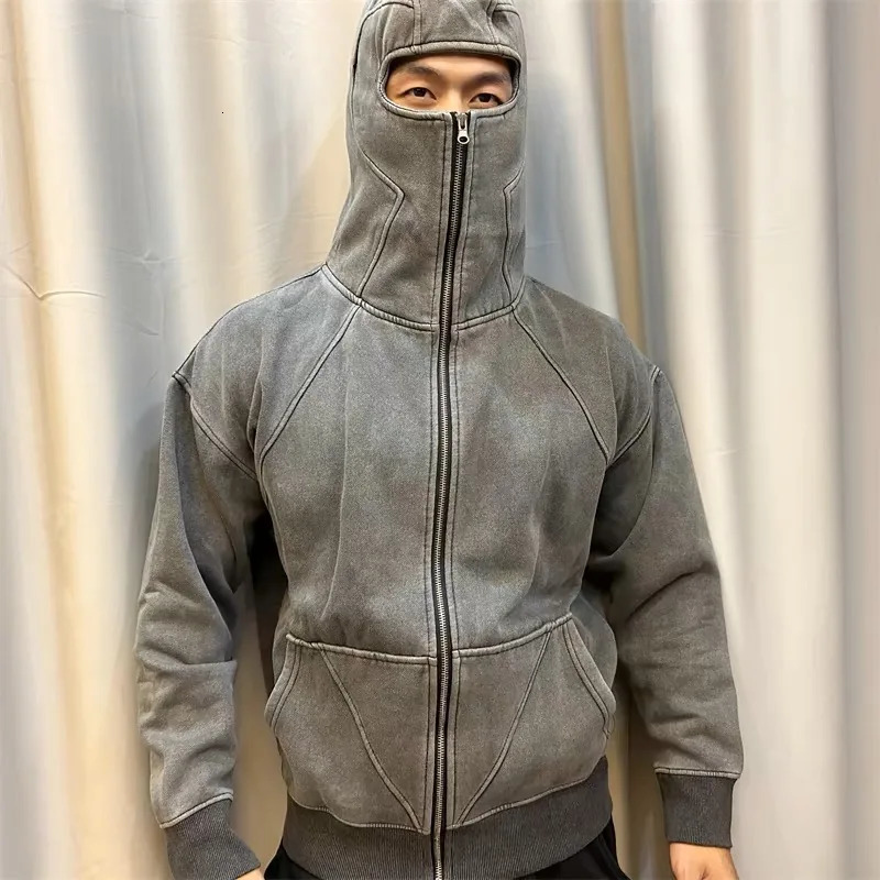 Autumn Winter Washed Vintage Hip Hop Punk Hoodie Men Harajuku Tactical Techwear Style Zip Up Hoodies Streetwear 250725