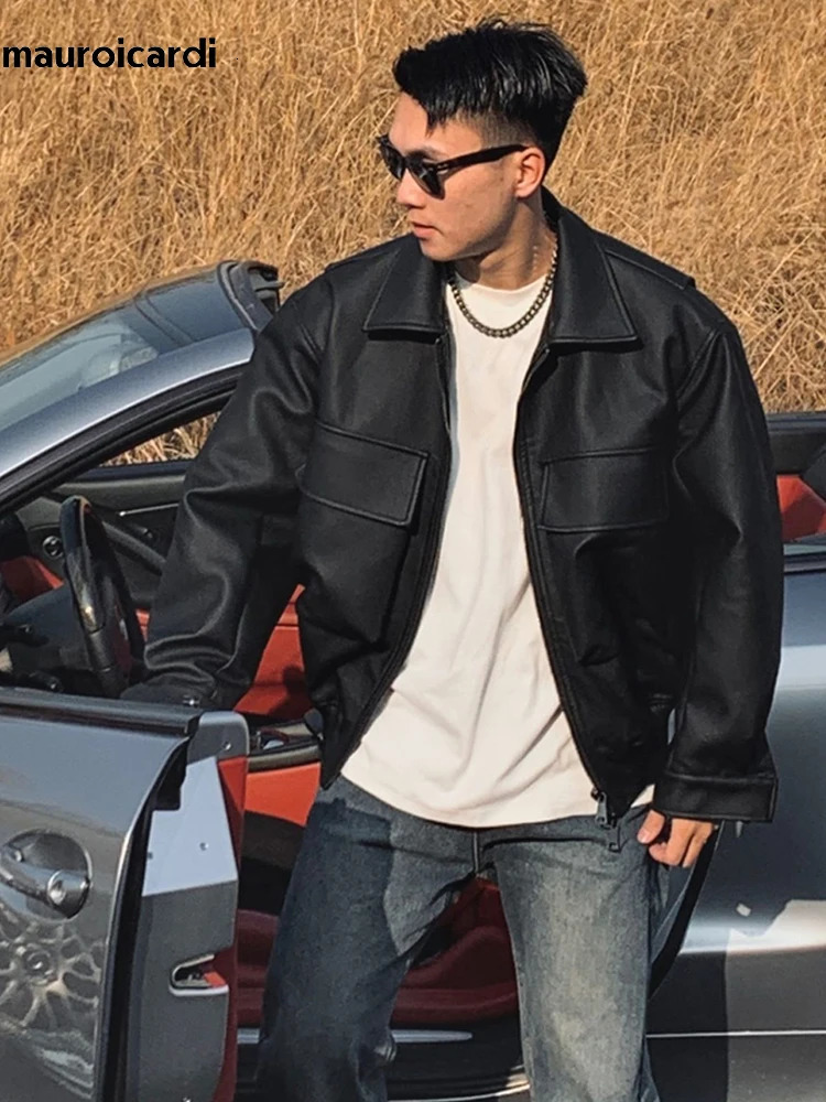 Mauroicardi Spring Cool Handsome Oversized Short Matte Black Pu Leather jacket Men Zipper Pockets Loose Clothes 250724