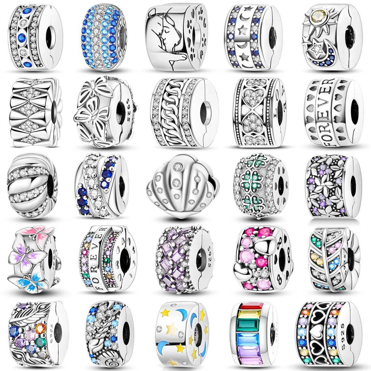 925 Sterling Silver CZ Pave Clip Charms Daisy Beads Stopper Safety Chain Fits Original Bangle Bracelet Jewelry Clip XJ250726