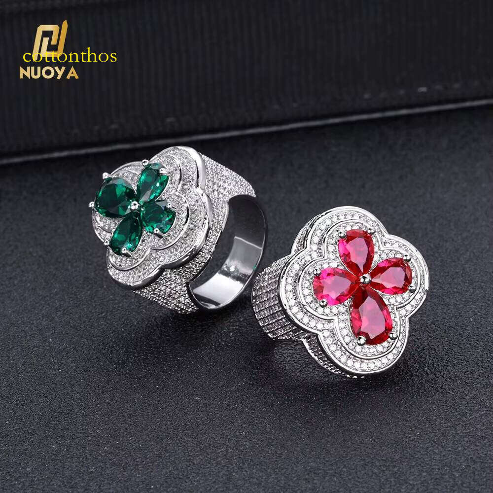 Hiphop Jewelry 925 silver Four Leaf Dia Women's Trendy Bling Green Red Gemstone Flower Shape Iced Out Ring Ice with VVS moissanite
