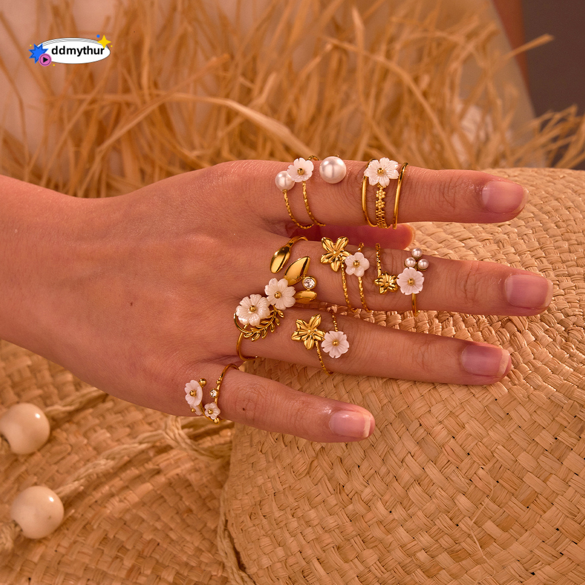 Unique Design Exquisite Flower Pearl Stainless Steel Gold Plated Open Ring ddmythur