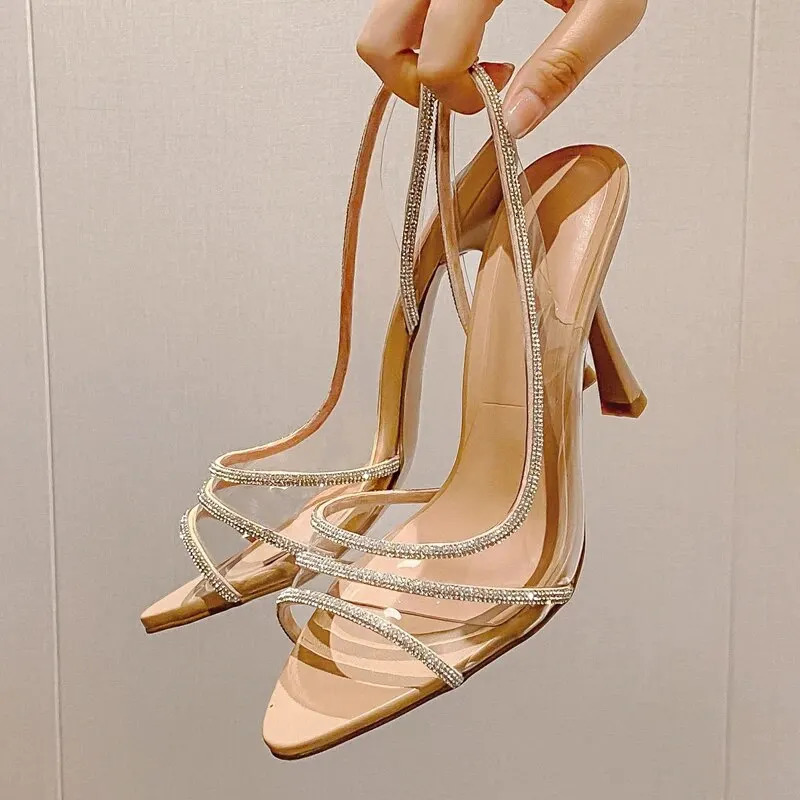 Women Summer Rhinestone Slingback Pumps Office Lady Transparent Heeled Sandals Elegant Pointed Toe Female Sexy High Heels 250725