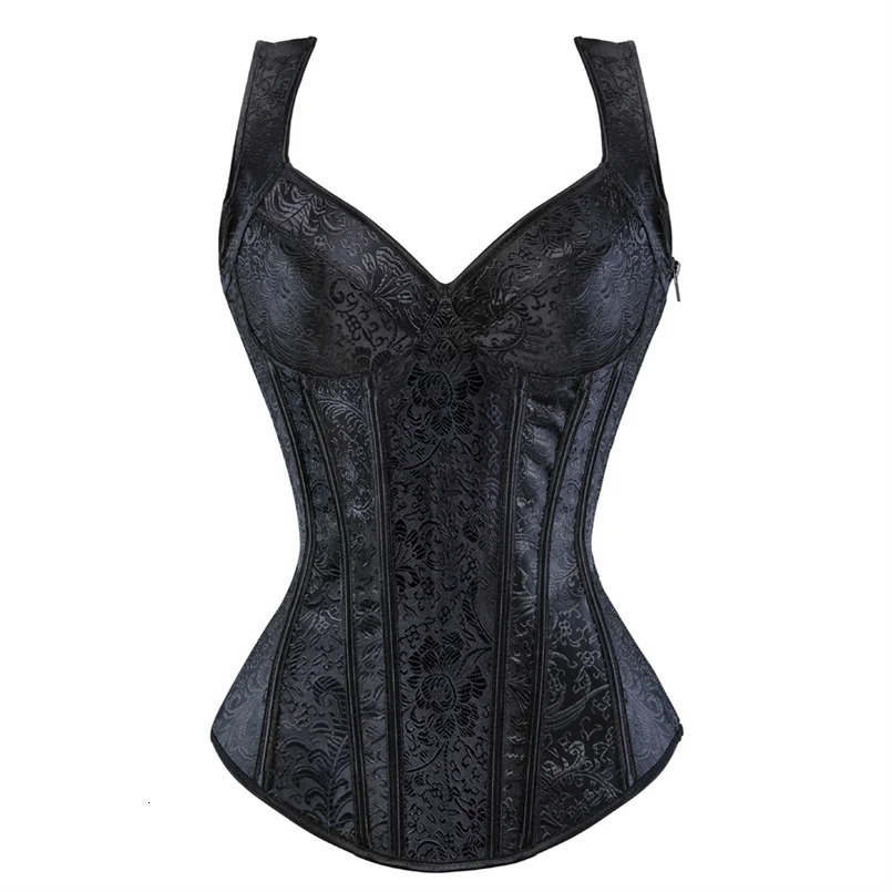 Women Corset with Straps Black Overbust Corset Plus Size Floral Jacquard Corset Zipper Top Gothic Steampunk Corset Bustier 250721