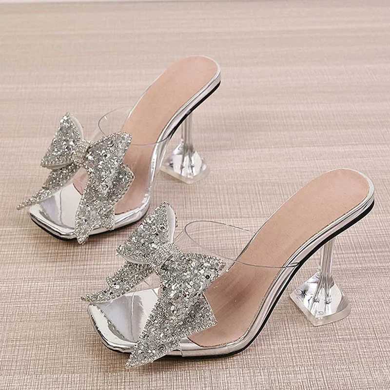 2025 New Transparent Slippers For Women Fashion Silver Crystal Bowknot High Heels Female Mules Slides Summer Sandals Shoes Z250725