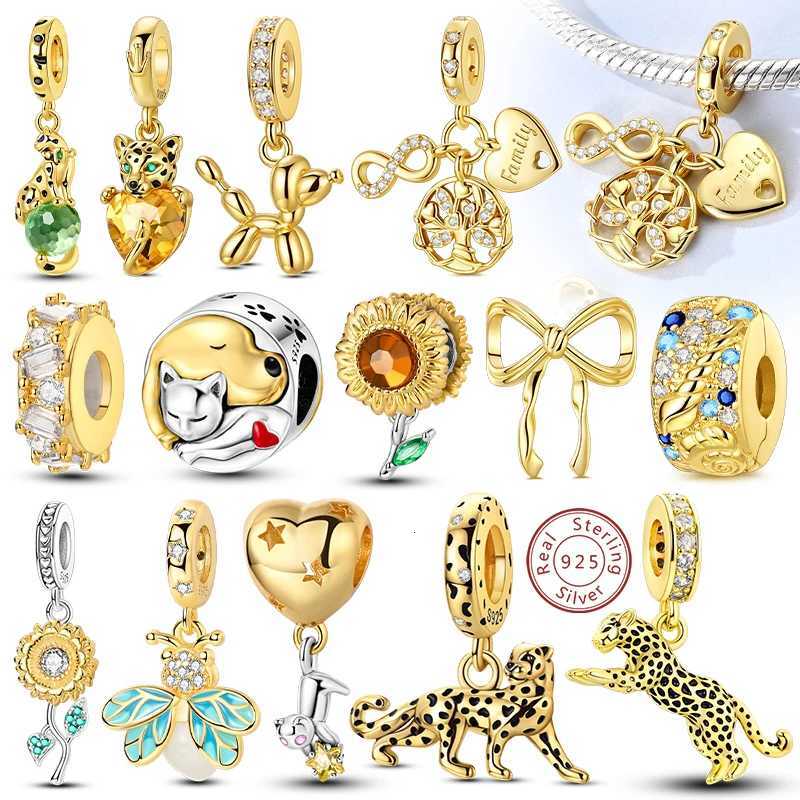 Original Charms Beads 925 Sterling Silver Golden Bow Leopard Cat Dog Sunflower Beads Fit Pendant Bracelet Women Jewelry Gift XJ250726