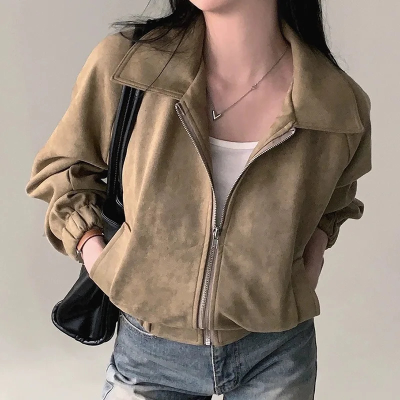 Fashion Loose Suede Jacket Women Khaki Zipper Lapel Long Sleeve Pockets Coat Female Spring Autumn Vintage High Street Tops 250725