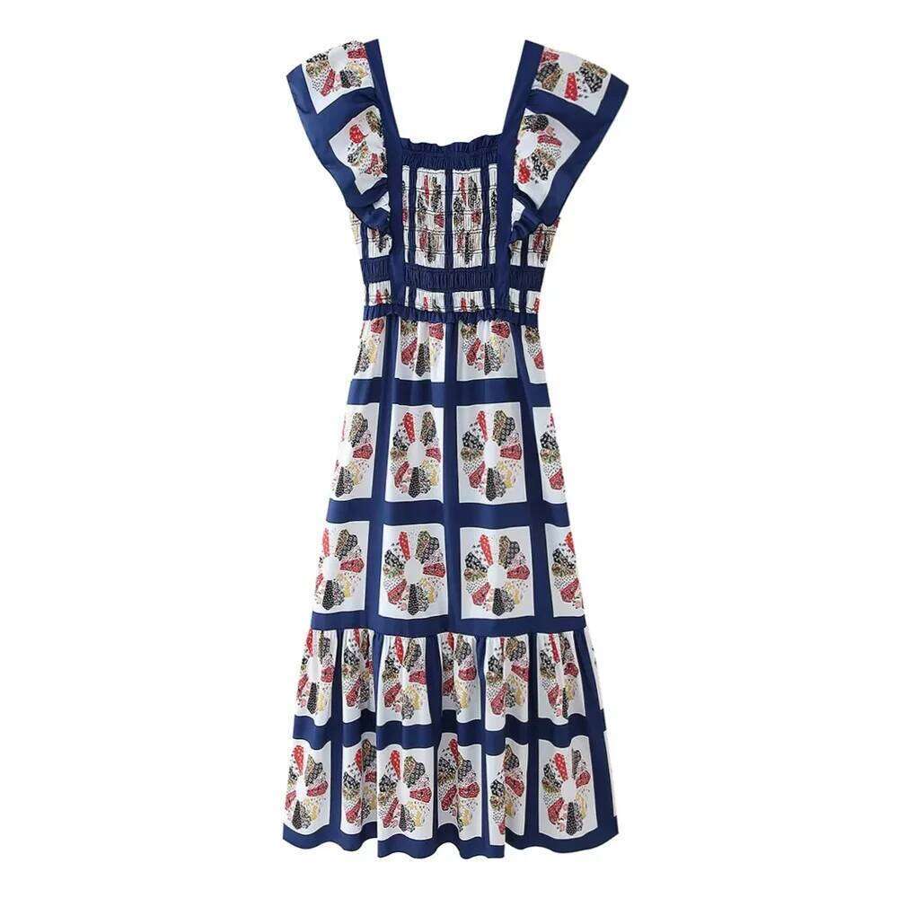 ZAR4 Summer New Women's European and American Style Fashion Butterfly Knot Open Back Square Neck Printed Dress