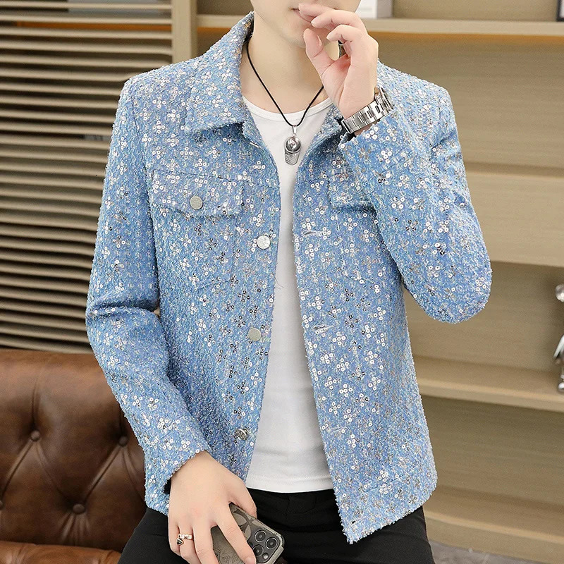 Spring Autumn Trend sequin Jacket for Men Korean style Lapel Casual Coats Social Streetwear Windbreaker Men Clothing 250726