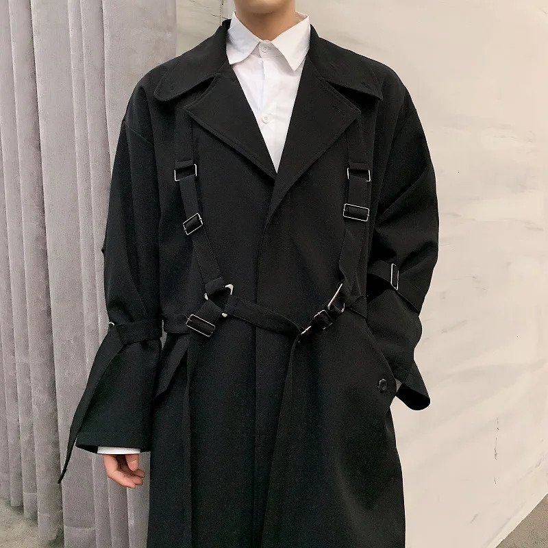 Autumn Winter Techwear Hip Hop Adjustable Strap Trench Coat Mens Korean Fashion Long Jacket Street Casual Overcoat 250724