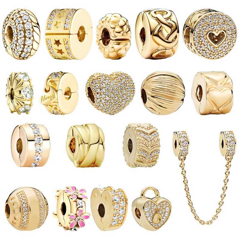 Gold Security Chain Sparkling Flower Hearts Clip Charm Bead Fit Original European 925 Sterling Silver Bracelet DIY Women Jewelry XJ250726
