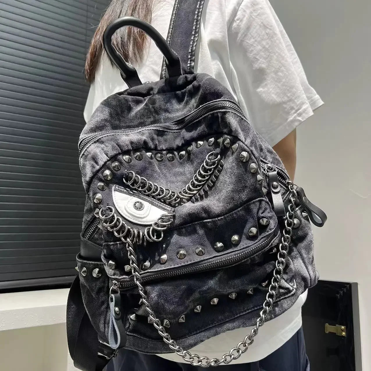 Womens Fashion Steampunk Denim Backpack Large Capacity Rivet Chain Shoulder Handbag 250723