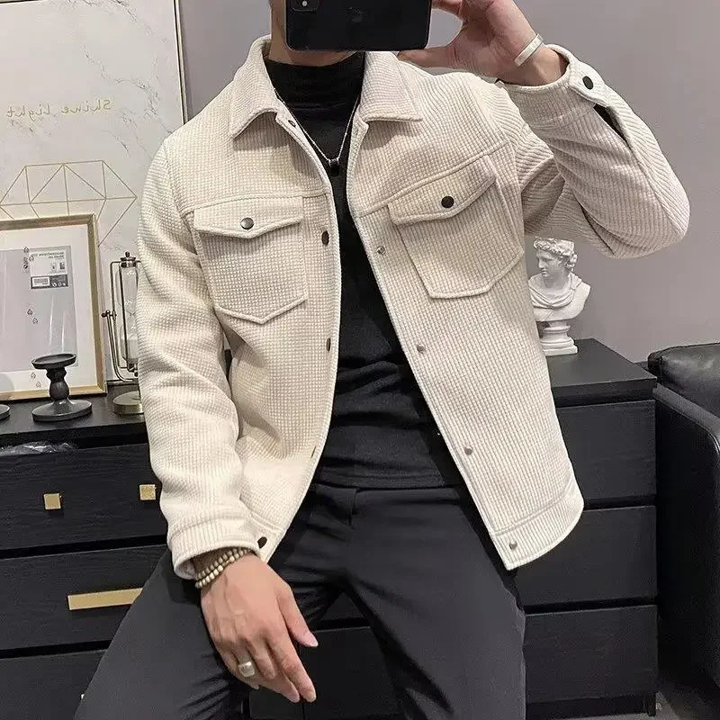 Winter Mens Woolen Jacket Cropped Lapel Style Trendy Casual Lightweight Cotton Coat From China One Piece 250724