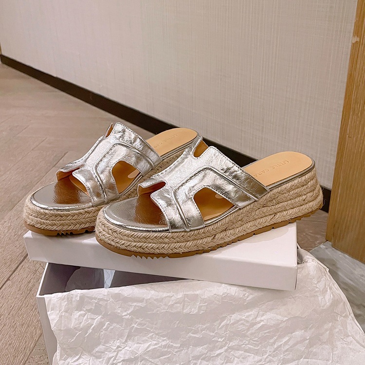 Women's Genuine Leather Beach Sandals, Casual Metallic Silver Summer Slippers and Beach Shoes with 6 cm Cone Heels - Woven Braided Platform, Wide Wi