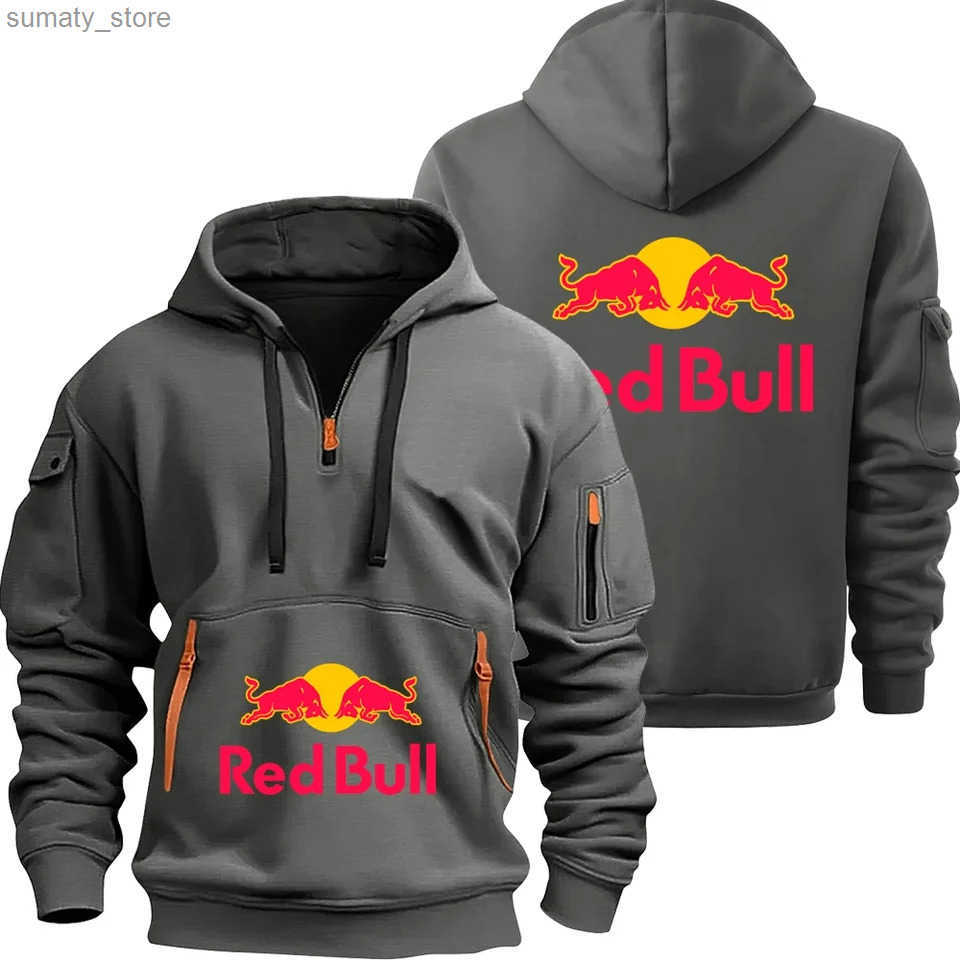 Hip-hop Street Casual Red Bull Print Mens Large Size Multi-pocket Sweatshirt Fashion Hoodie Warm Long-sleeve Red Bull Jacket L250724