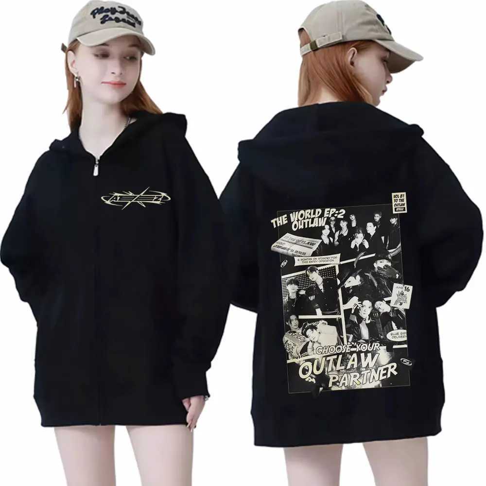Kpop ATEEZ Graphic Zipper Hoodie Mens Womens Hip Hop Trend Vintage Zip Up Hooded Sweatshirt Casual Fashion Oversized Pullovers XJ250726