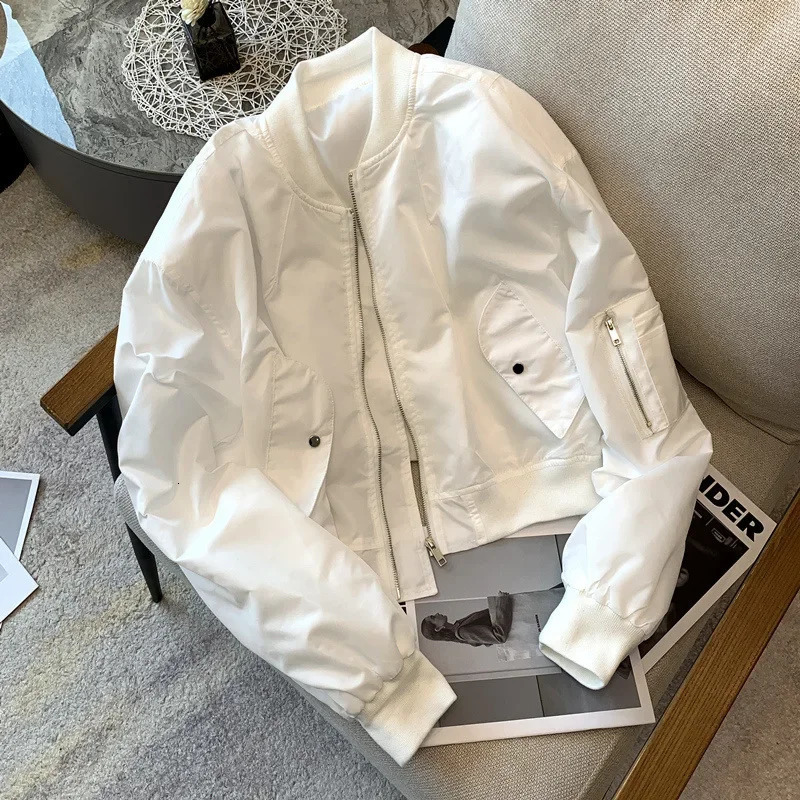 Womens Cropped Jacket Black White Casual Zippered Cardigan Thin Style Baseball Aviation Top For Spring Autumn 250721