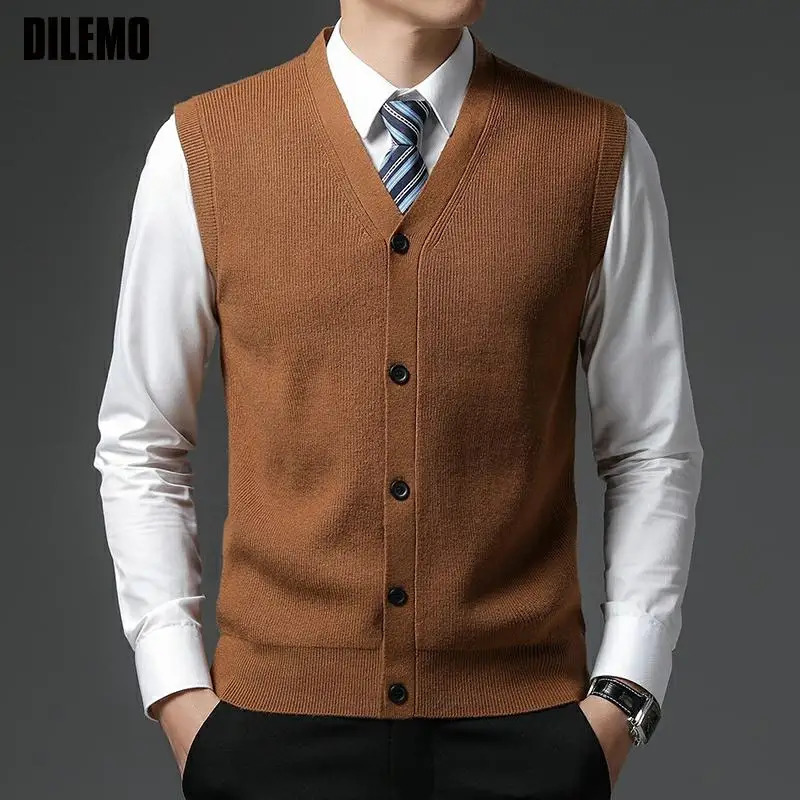 Level 4 Super Antipilling Top Grade Pleuche Winter V Neck Woolen Fashion Knit Cardigan Casual Sweater Vest Sleeveless 250724