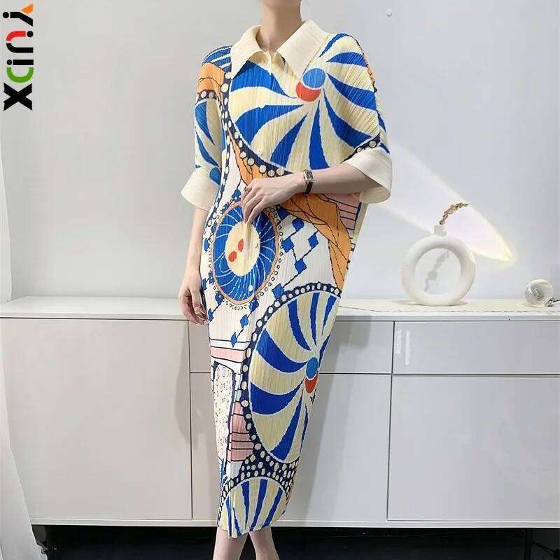 Miyake Pleated Women's Mid-length Printed Dresses Loose Plus Size Bat Sleeve Fashion Casual Skirts Early Spring New