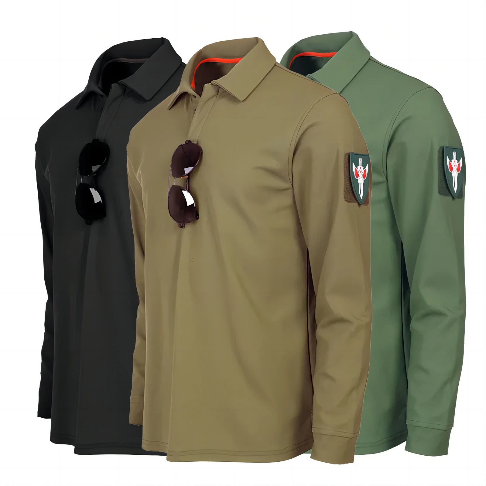 100% Polyester Long Sleeve Polo Shirt for Men Summer Quick Dry Solid Army Green Square Collar Tshirts Sports Outside Tactical Tops 250725