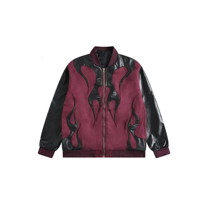 Baseball Jacket Lapel Printed Patchwork Streetwear American Retro Coats Flame Pattern Long Sleeve Simple Casual Coat Male Top 250724