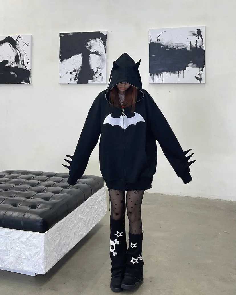 Dark Bat Printed Hooded Cardigan Full Chain Loose Mens and Womens Trendy Brand Hoodie Jacket XJ250726