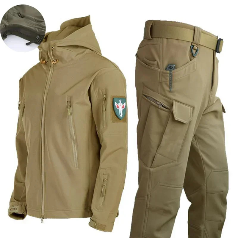 Mens Waterproof Hiking Jackets Outdoor Softshell Suits Camouflage Pants Tactical Hooded Fleece Coat Winter Gift Belt 250725