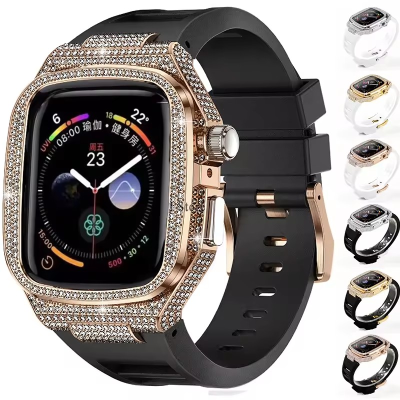 Full Diamond Modification Kit Strap with Case for Apple Watch series 11 10 46mm 9 8 7 45mm 2 in 1 Bling Diamond band Stainless Steel case for iWatch