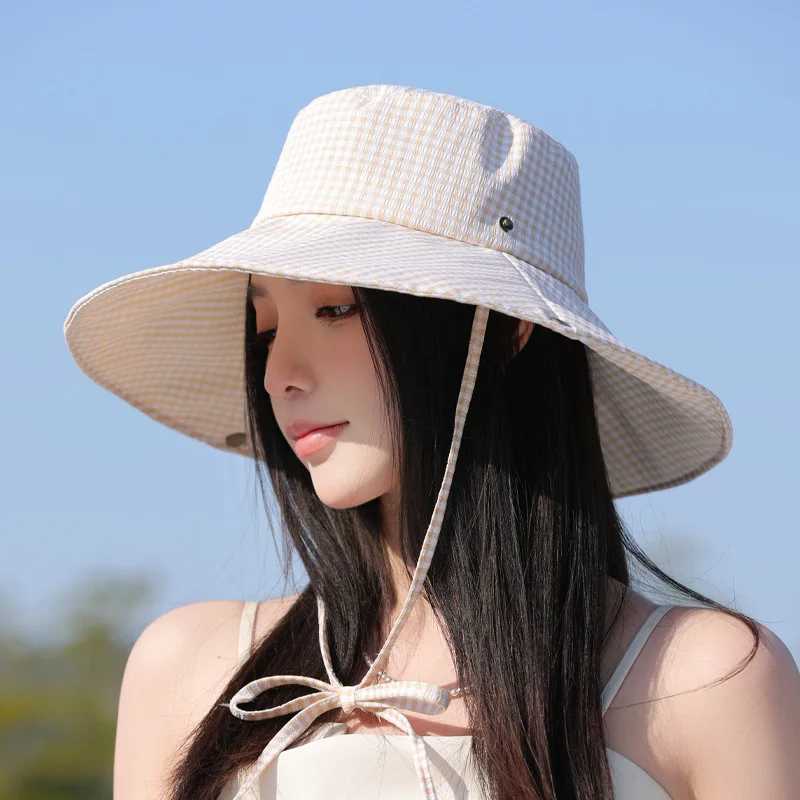 Summer Plaid Bucket Hats For Women Outdoor Travel Sunshade Fisherman Hat Lady Showing Face Small Sunscreen Sun Hat Cap Female 250715