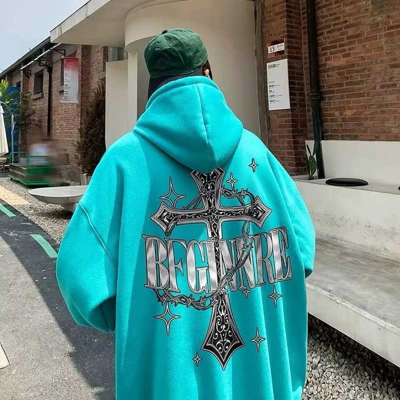 8XL Hoodie Mens Large Hoodie American Retro Loose Fashion High Street Cross Chain Printed Long Sleeve Double Shirt XJ250726