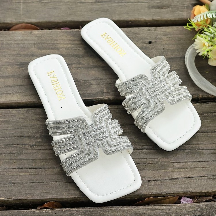 Women's Casual Rhinestone Slippers, White Plush Upper Sandals with Bowtie Detail, 1 3/4 in Cone Heels - Genuine Leather Lining, Rubber Outsole, Extr