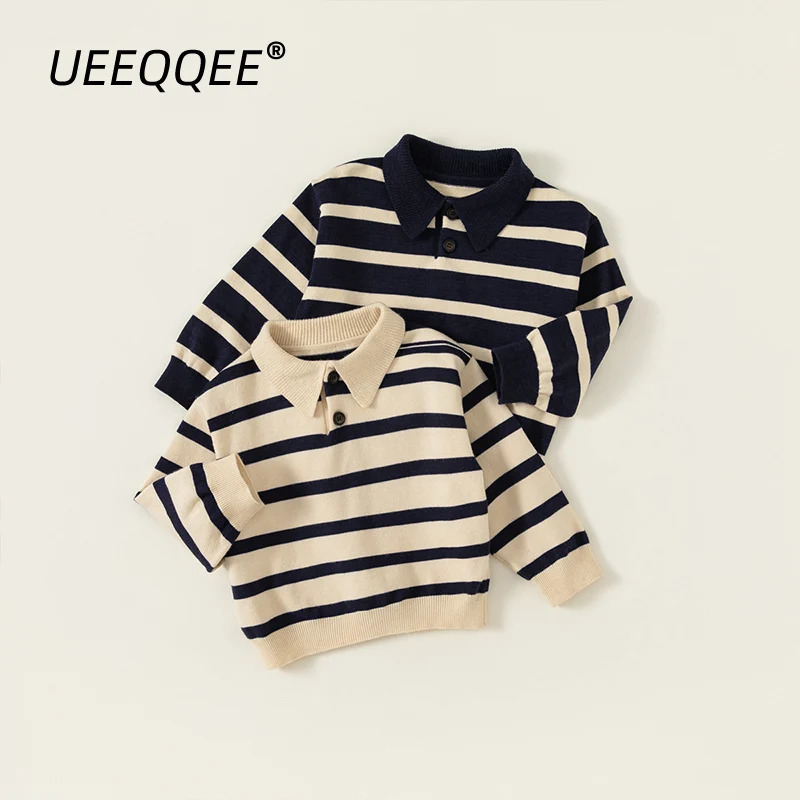Spring Autumn Children Polo Shirts 1-8Y Boys Knitted Striped Button Long Sleeve Tops Sweater Korean Toddler Wear Kids Clothing 250725