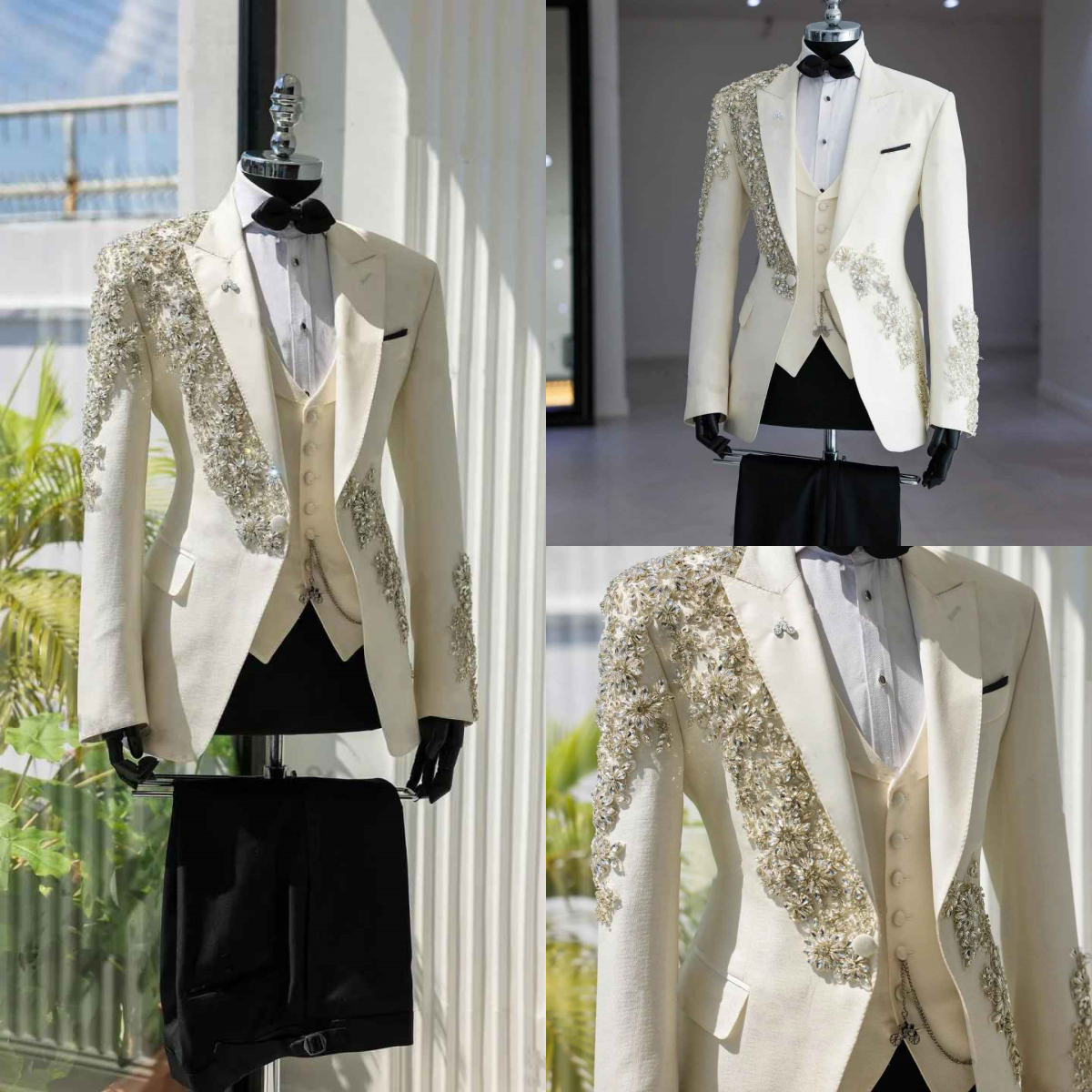 Luxury Customized 3 Pieces Men Blazers Peaked Lapel Crystal Rhinestone Fashion Party Tuxedos Slim Fit Male Jacket Homme