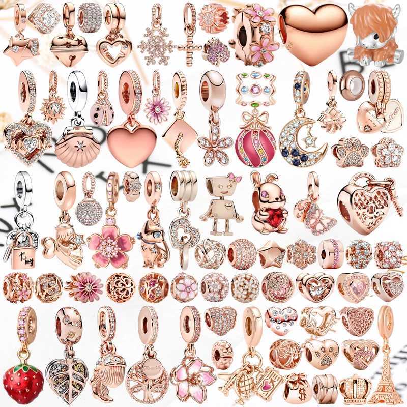 Sparkling Rose Gold Winged Angel Diamond Heart Pink Daisy Spacer Clip Charm Beads Fit Original 925 Silver Bracelet DIY Jewelry XJ250726