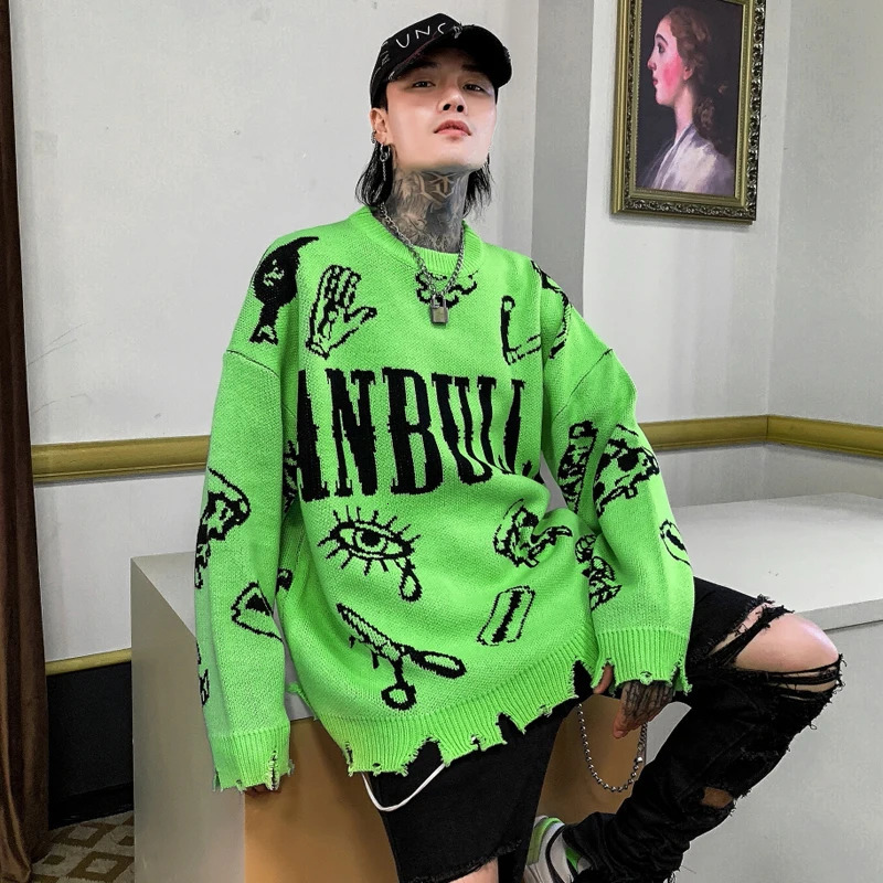 Autumn Winter Ripped Hole Punk Hip Hop Sweater Men Red Green Yellow Color Oversized Pullover Korean Style Graffiti Hombre 250724