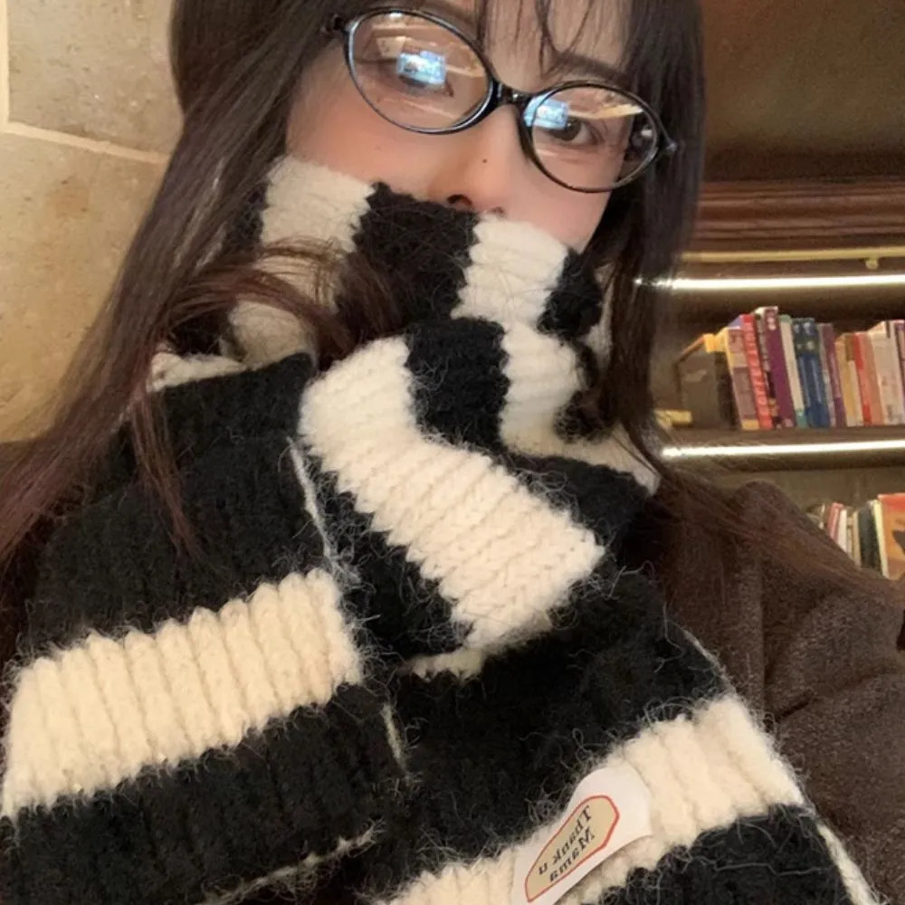 Y2K Black White Striped Knitted Wool Scarf Women Winter Retro Scarf Fashion Korean Thin Narrow Long Scarf Thicken Neckerchief 250724