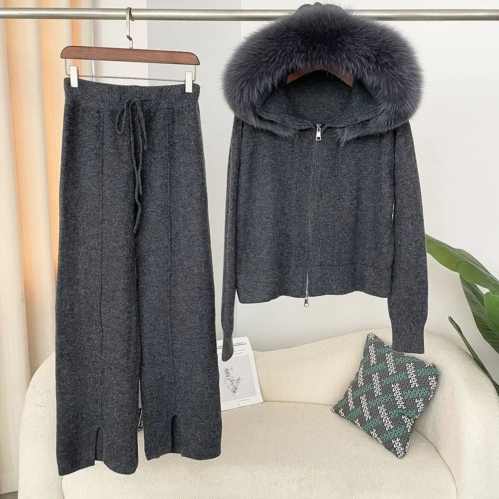 Knitwear Autumn and Winter Fashionable Sweater Suit Women Trousers Hooded Jacket with Detachable Fox Fur Collar Fur Coat 250724