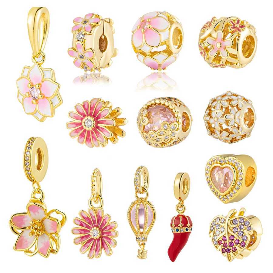 New Gold Plated Colorful Bead Jewelry Gift Pink Daisy Flower Cherry Blossom Charm Fits Original Silver 925 European Bracelet XJ250726