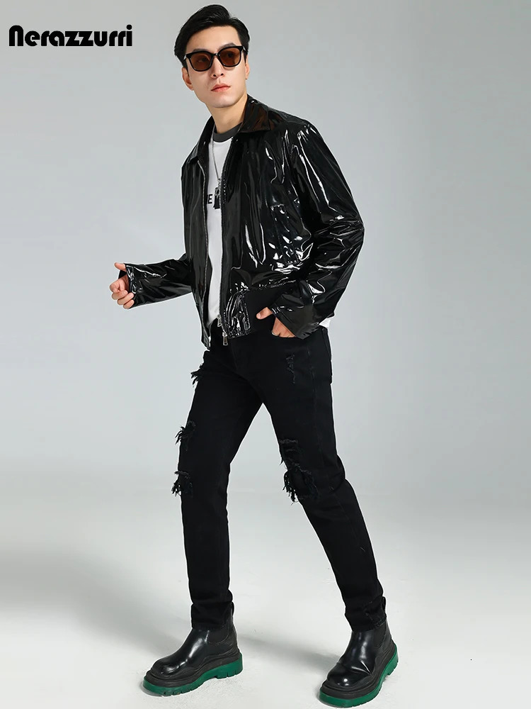 Nerazzurri Spring Autumn Cool Soft Light Black Shiny Reflective Patent Pu Leather Jacket Men with Zipper Y2K Streetwear 250724