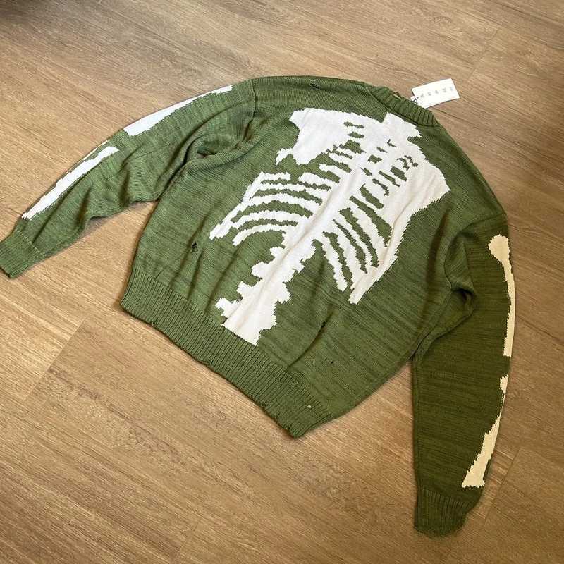2025 KAPITAL behind the bones skeleton hole broken green knit sweater Japanese retro loose pullover long-sleeved sweater for men J250725