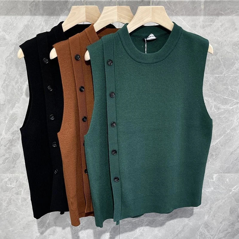 Mens Knitted Pullover Sweater Vest Casual Streetwear Button Solid Color O Neck Sleeveless Loose Stylish Vintage Knitwear 250724